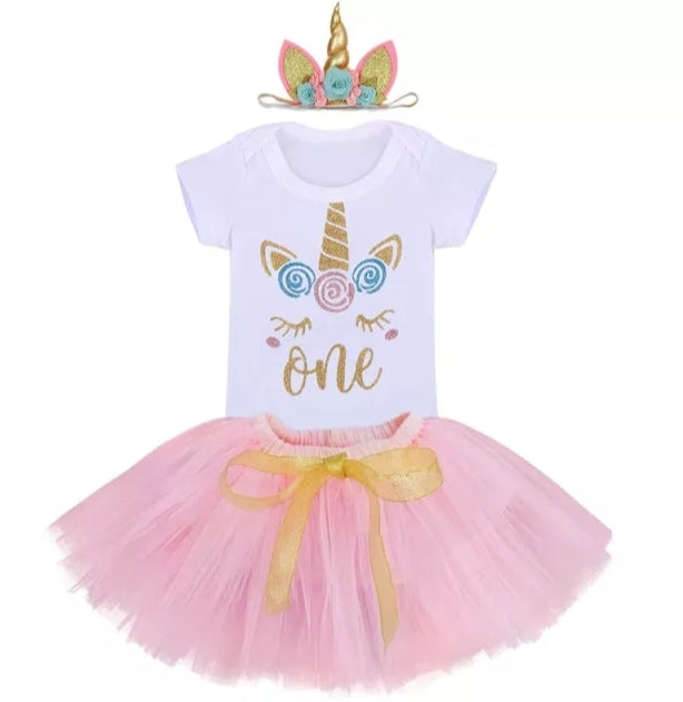 One Unicorn Birthday Romper with Tutu and Unicorn Headband 