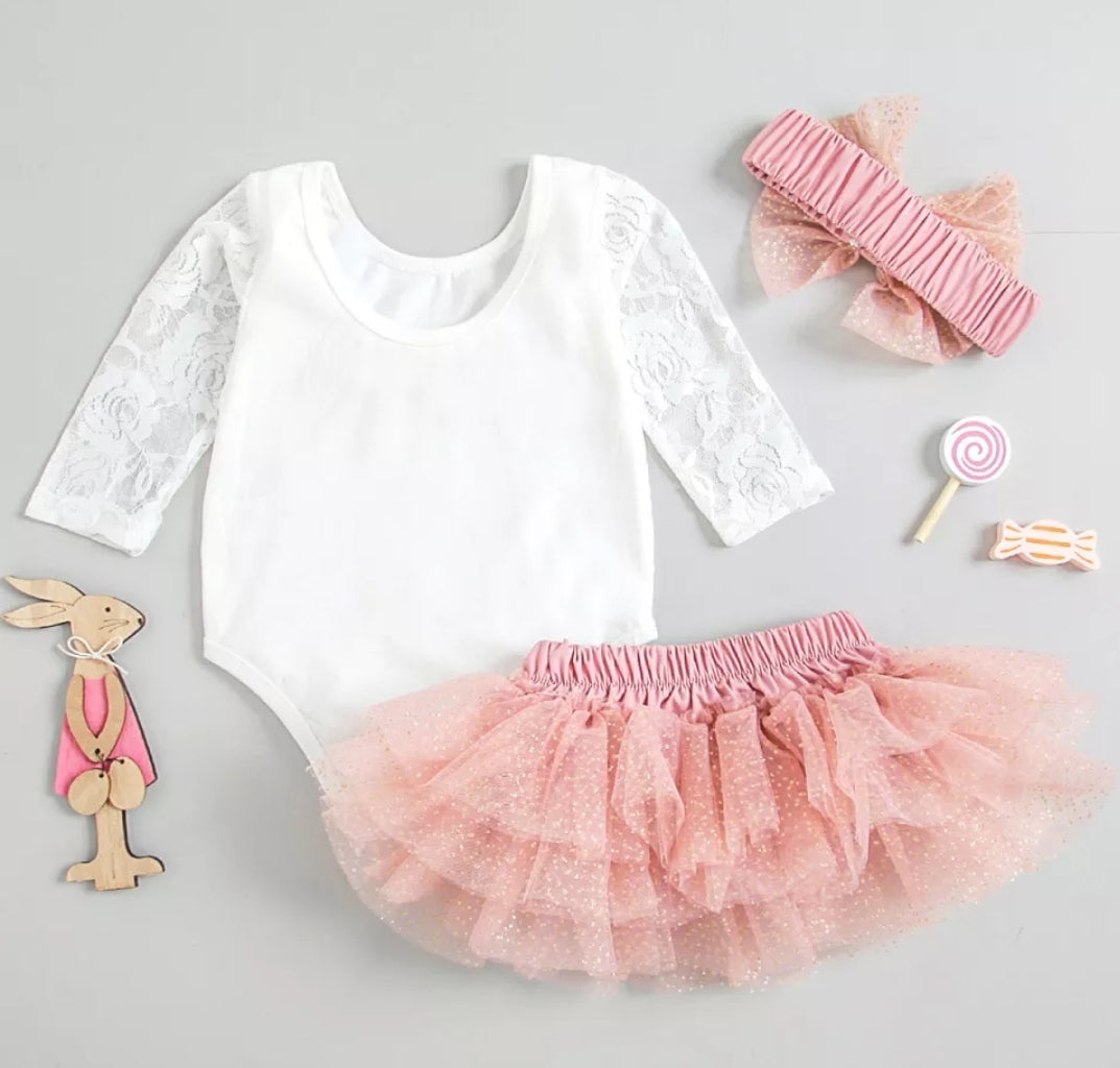 Birthday Outfits Long Sleeve Lace Romper with Bloomer, Tutu and Headband #1000687