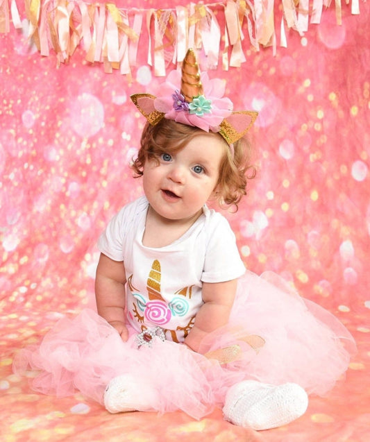 One Unicorn Birthday Romper with Tutu and Unicorn Headband 