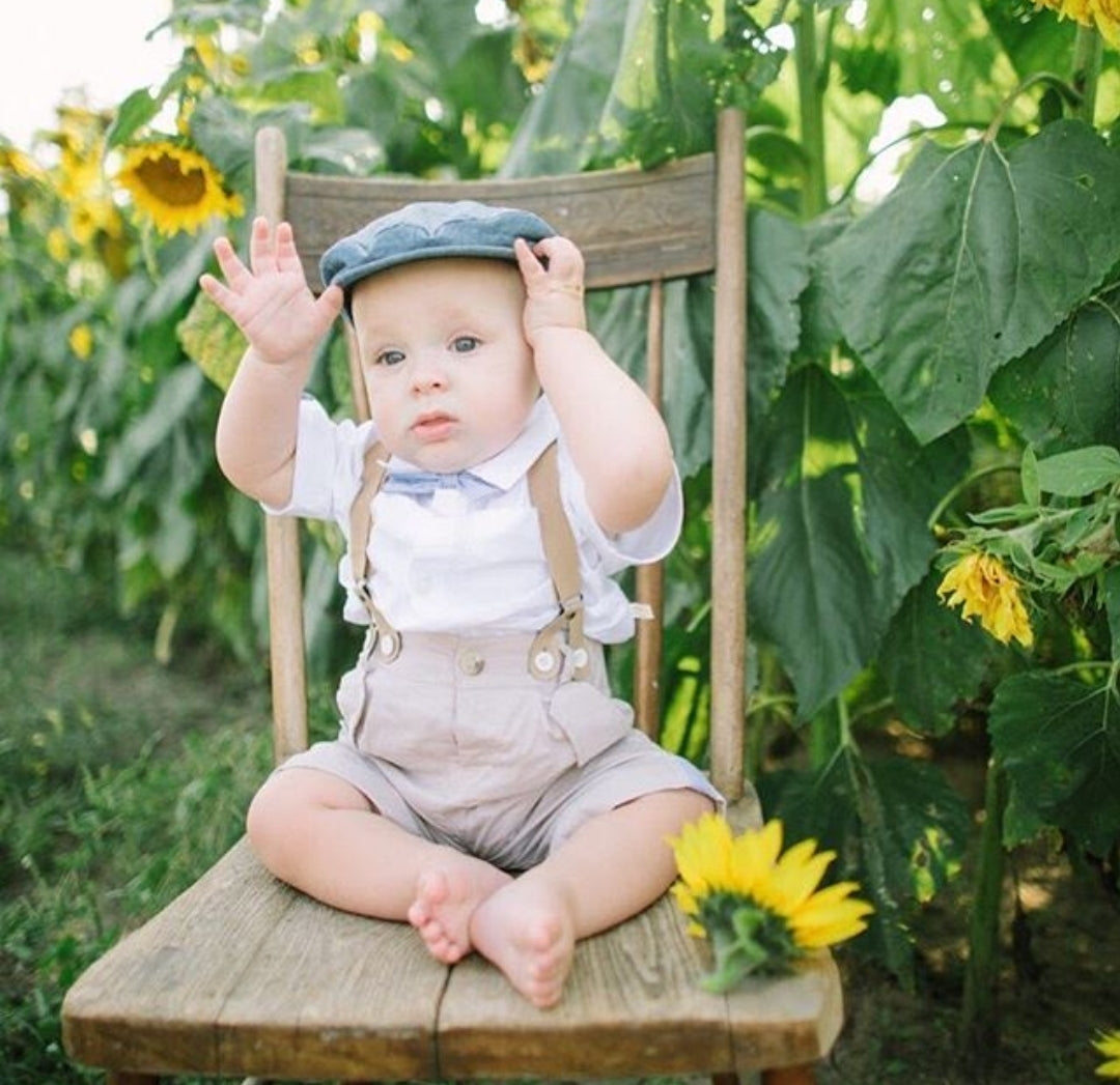 Gentleman Suit, White Shirt,  Bowtie, Chino Shorts And Suspenders