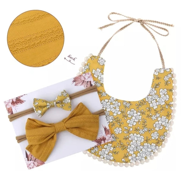 Mustard Floral Reversible Bib and Headbands