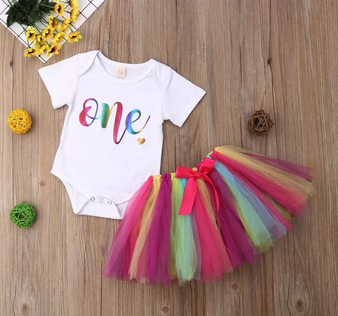 Birthday Outfit Romper with Rainbow/ Unicorn Tutu