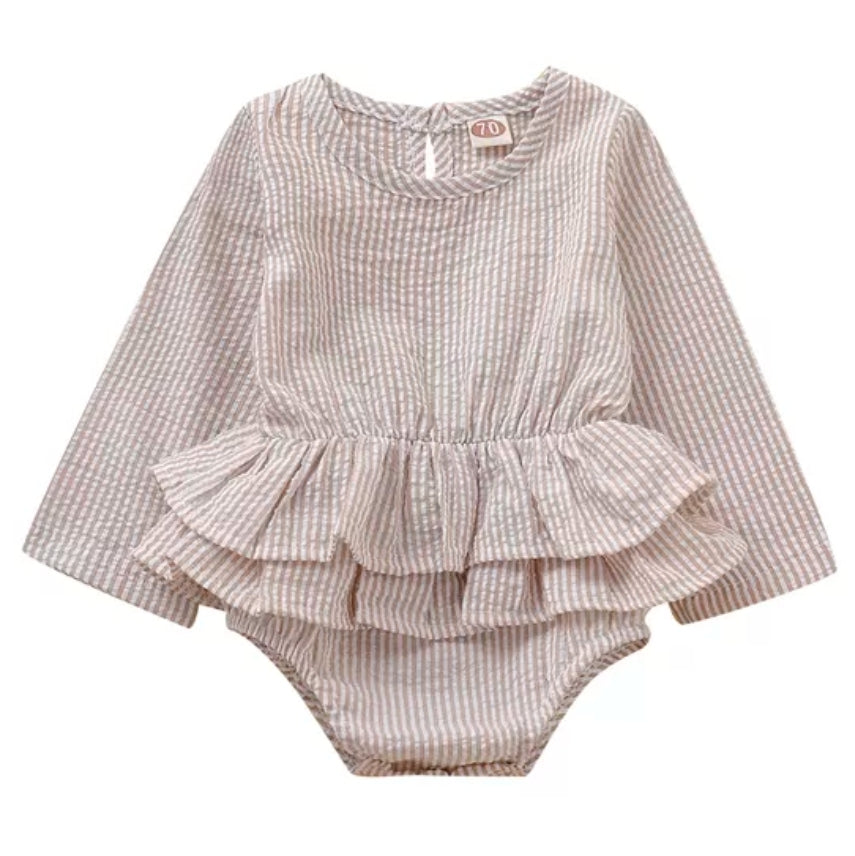 Bridge Striped Long Sleeve Romper with Waist line Ruffles