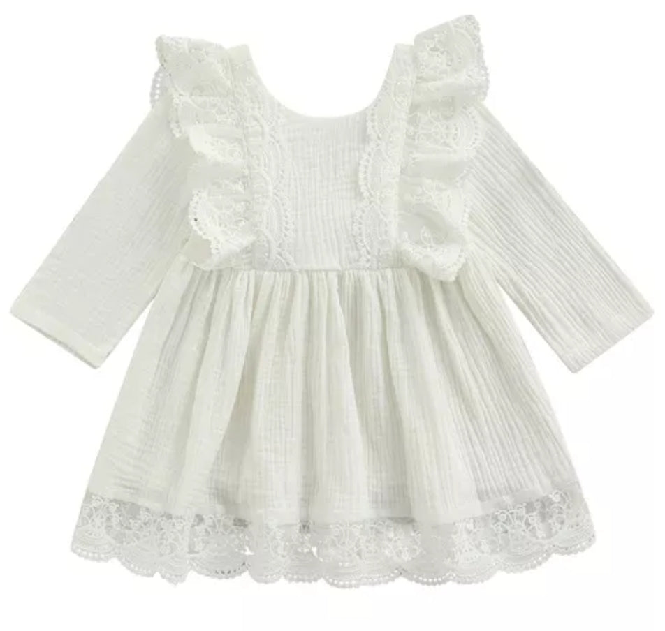 Long Sleeve Dress with Lace Ruffles (Part of Sibling Set Also Available in Romper 0-24M)