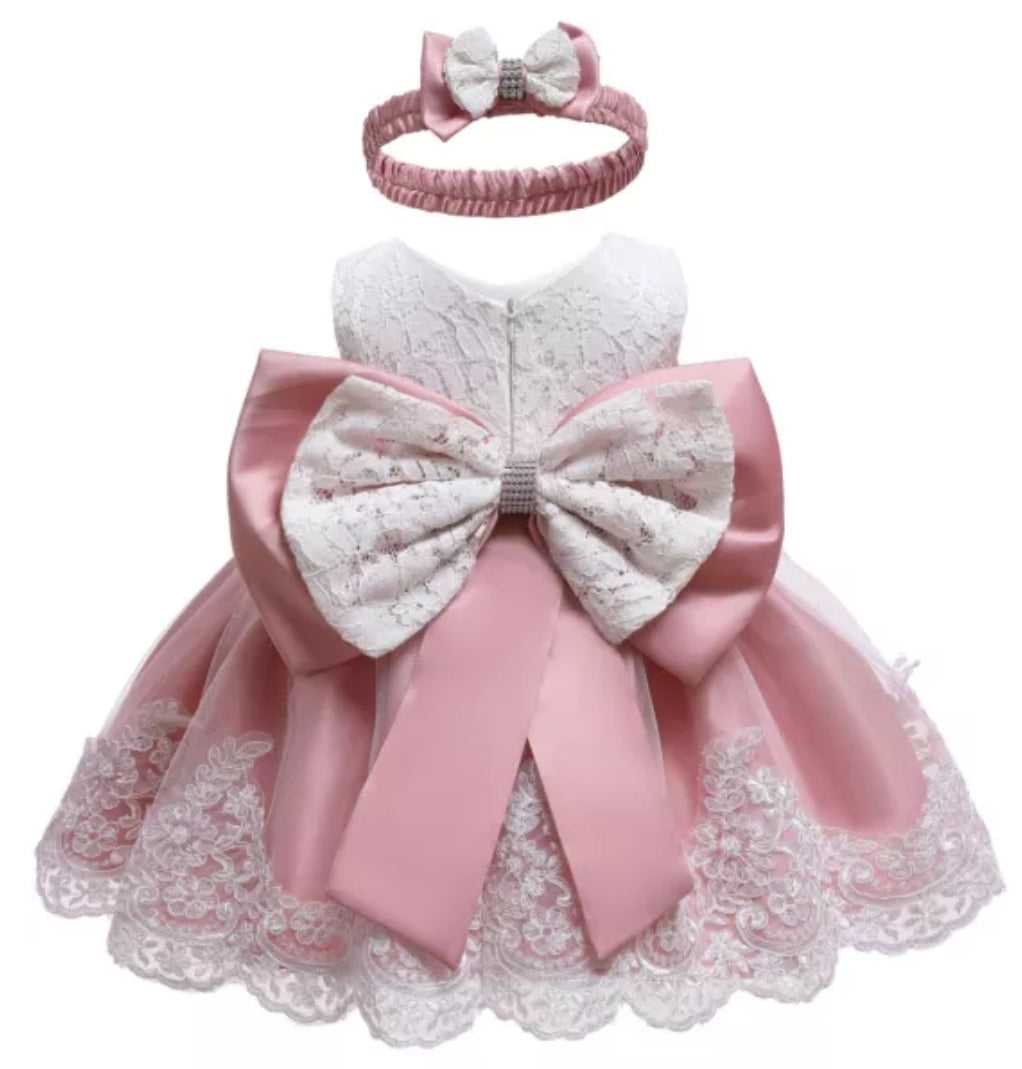 Dusty Pink &amp; White Lace Formal Dress with Diamante Headband and Bow