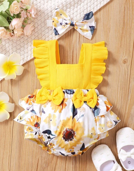 Yellow Floral Romper with Bows