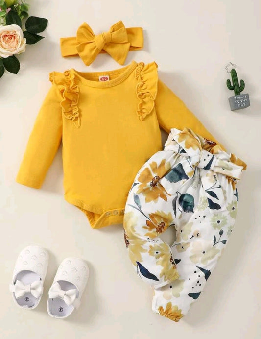 Yellow Ruffle Romper with Floral Bowknot Pants and Headband