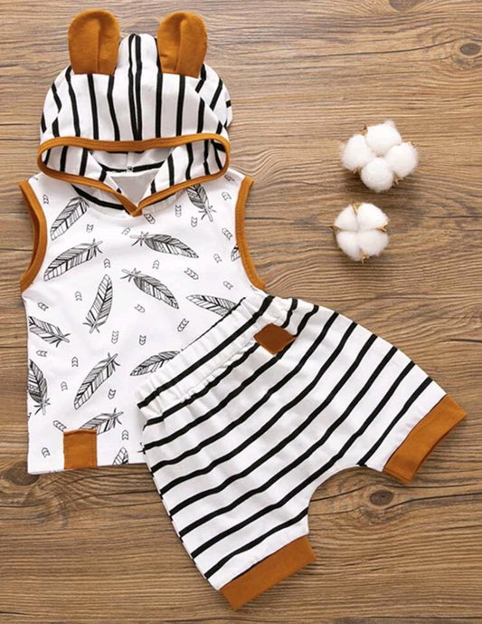 Feather Hooded Vest and Shorts