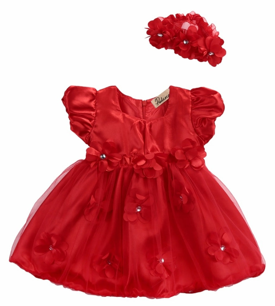 Red Silk Tutu Dress and Floral Headband 1001011