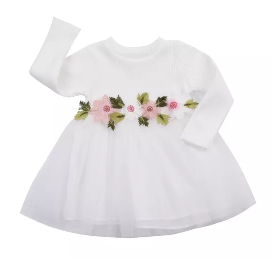 White Ribbed Lace Dress with Floral Design 10001015