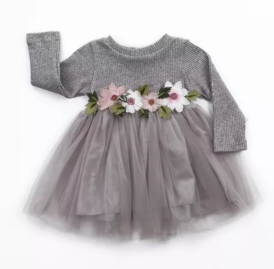 grey Ribbed Lace Dress with Floral Design