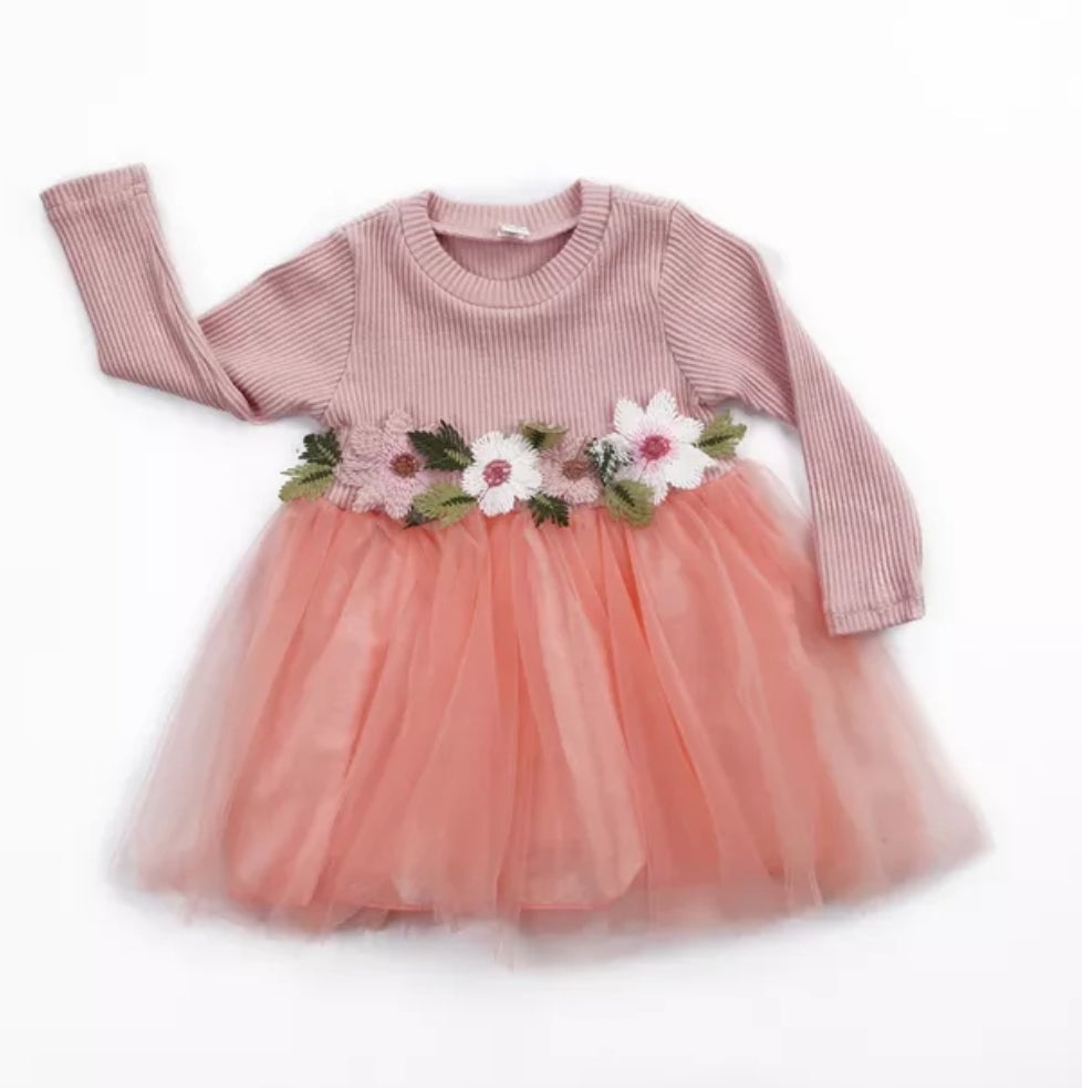 Pink Ribbed Long Sleeve Dress with Floral Design 1001017