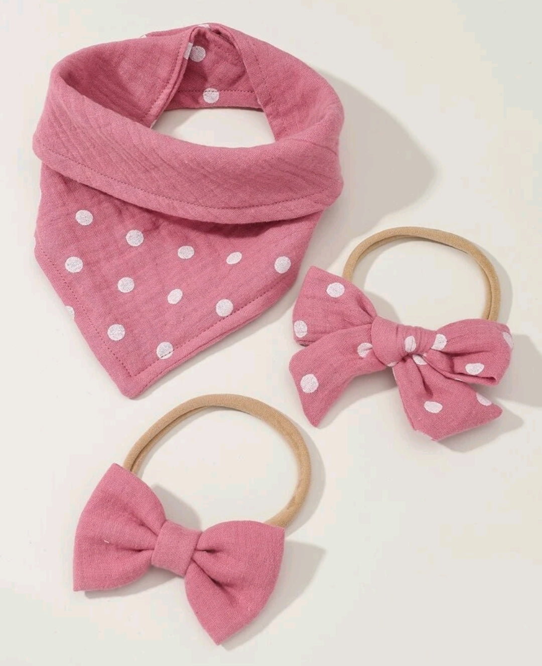 Pink Polka V-Bib and Headbands 3PSC