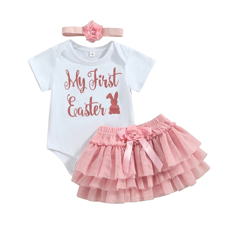 My First Easter Romper with Ruffle Bloomer and Floral Headband