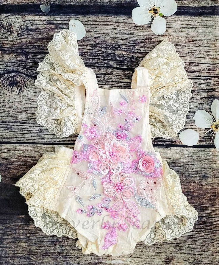 Purple Floral Embroidered Lace Romper