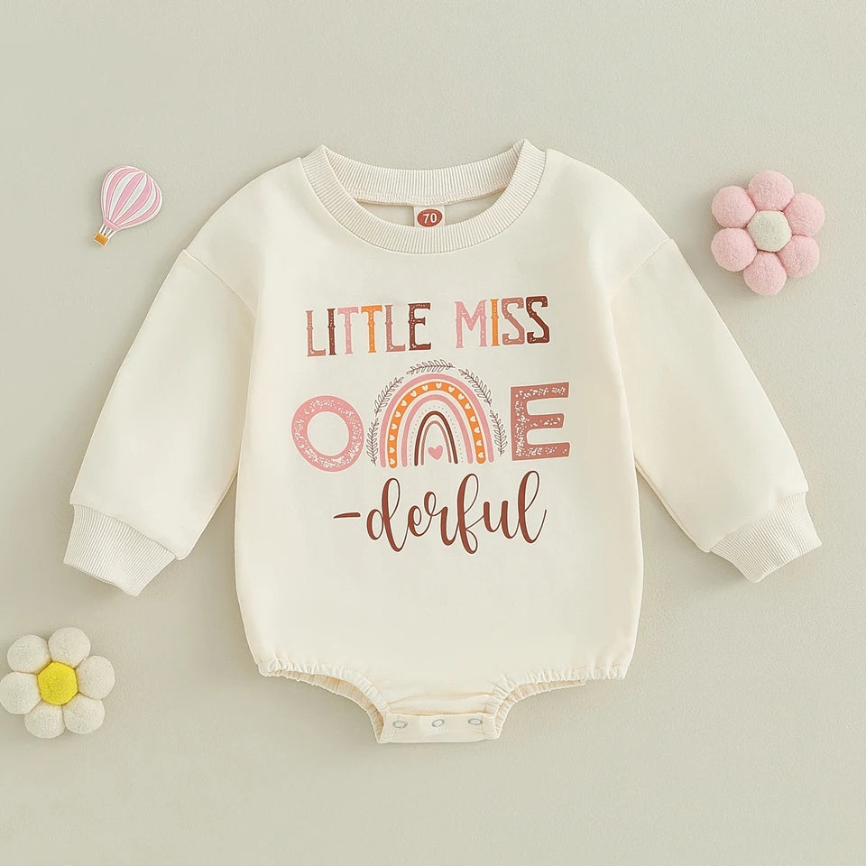 Little Miss One Derful Crewnek Birthday Romper, Cream 100055