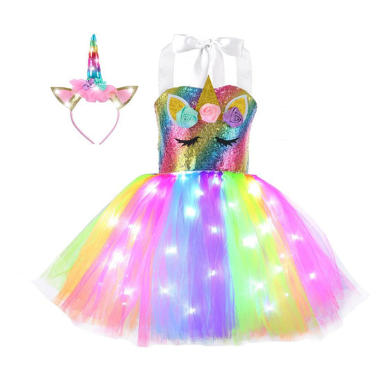 LED Colourful Unicorn Birthday dress and matching headband