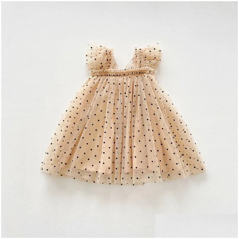 Champagne Polka Lace Butterfly Tulle Dress 1001154