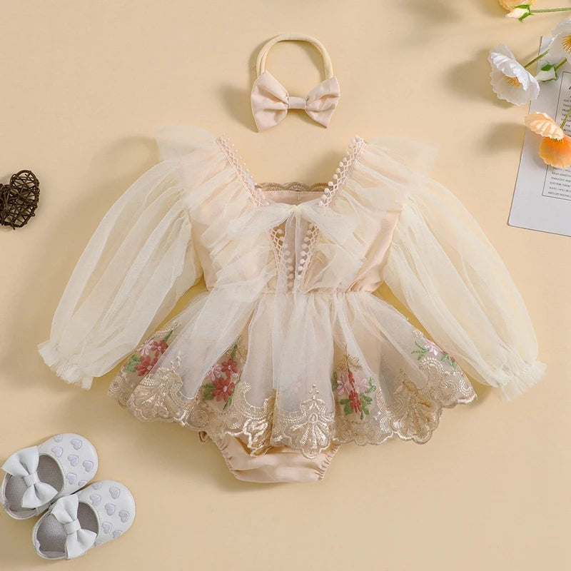 Champagne Embroidered Long Sleeve Romper and Headband