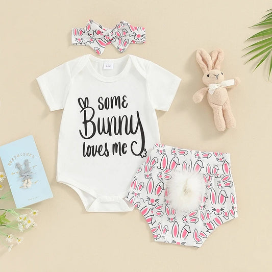 Some Bunny Loves Me Romper  with Fluffy Tail Bloomer and Headband