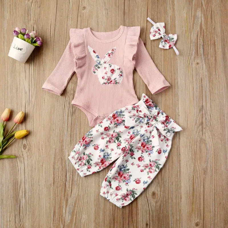 Ribbed Bunny Floral Romper and Bowknot Pants 100074