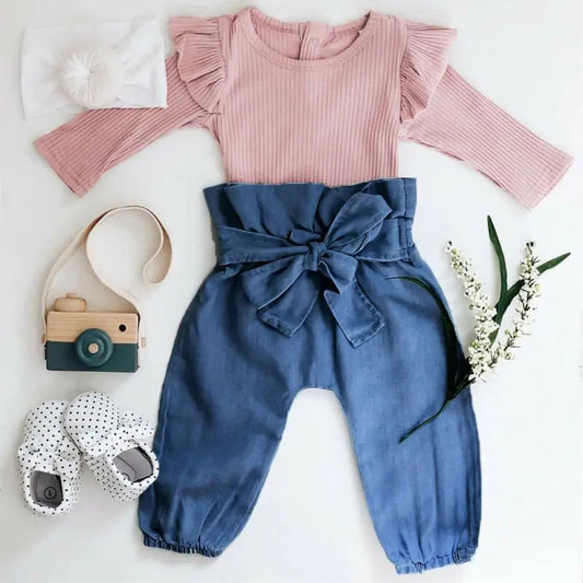 Ribbed Pink Long Sleeve Romper and Bowknot Denims 10006