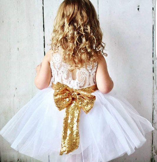 White Lace Tutu Dress with Gold Sequins Bow