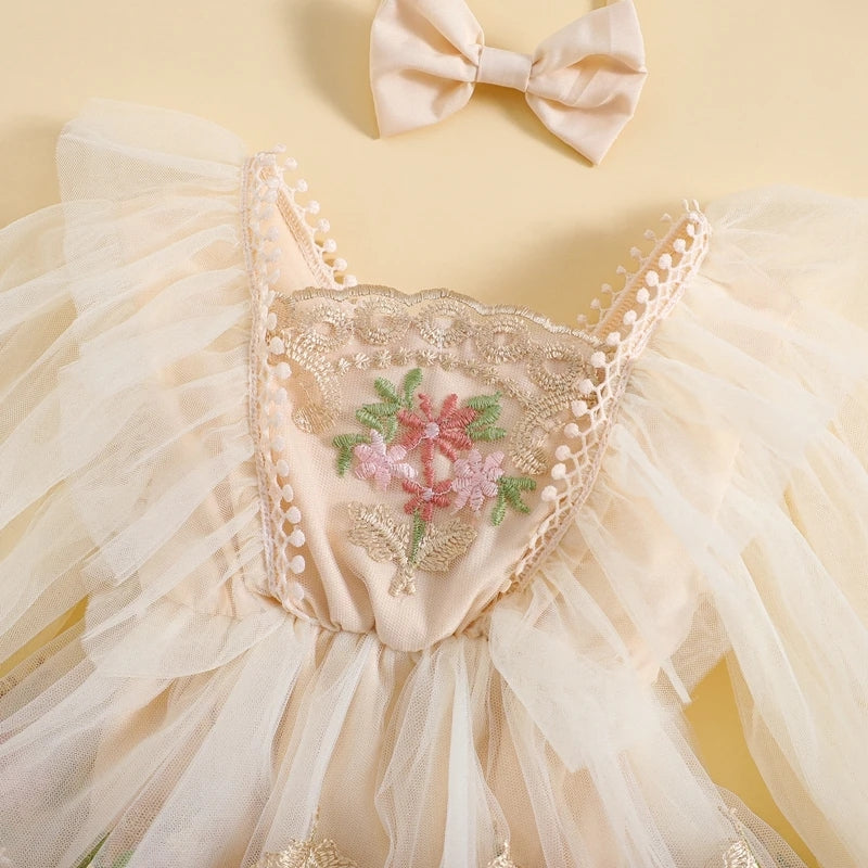 Champagne Embroidered Long Sleeve Romper and Headband