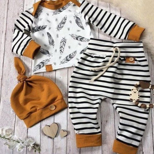 Feather Romper with Striped High Wasted Pants and Pumpkin Hat