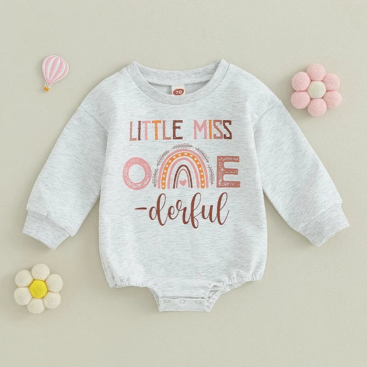 Little Miss One Derful Crewnek Birthday Romper, Gray 20006