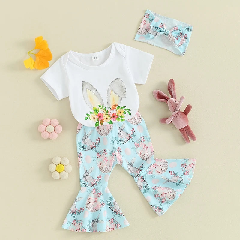 Bunny Romper with Floral Bunny Bellbottoms and Headband 