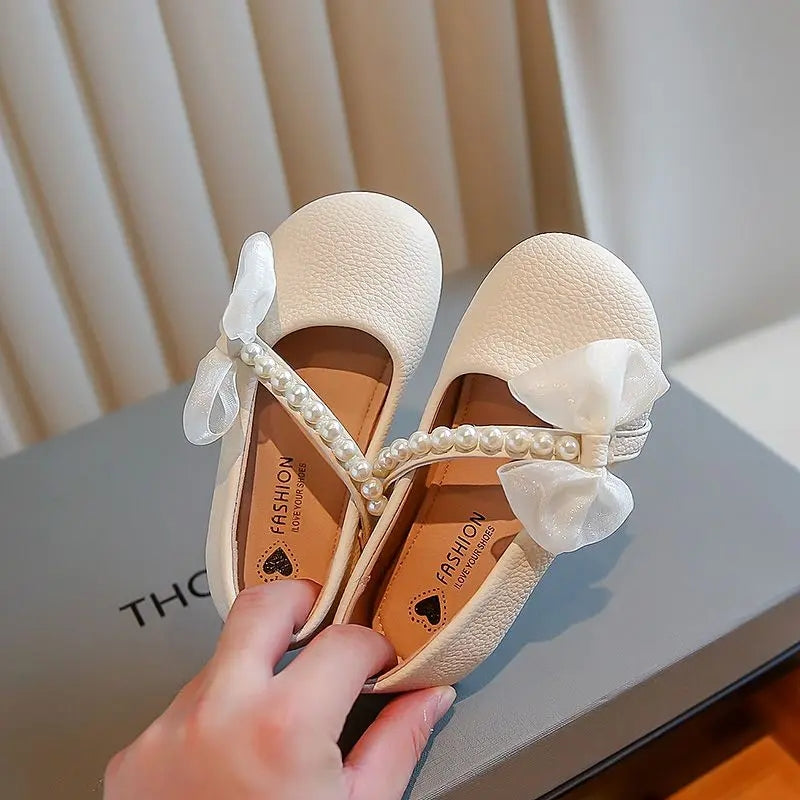 Pearl Bow Girls Party Dance Shoes Cream 300039