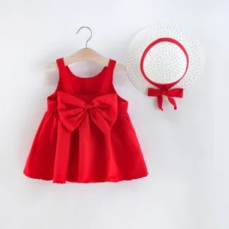 2pcs Solid Red Big Bow Sleeveless Baby Set