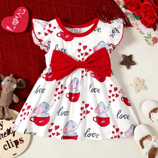 Elephant and Red Love Heart Print Flutter-sleeve Bowknot Dress