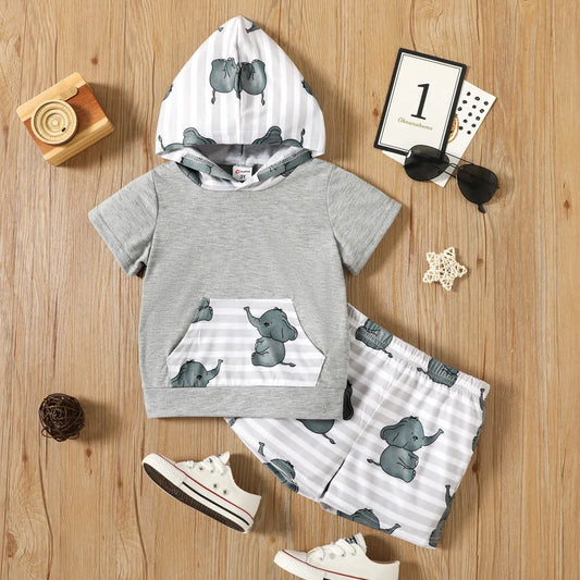 Elephant Print Striped Hooded Short-sleeve Tee and Elasticized Shorts Set