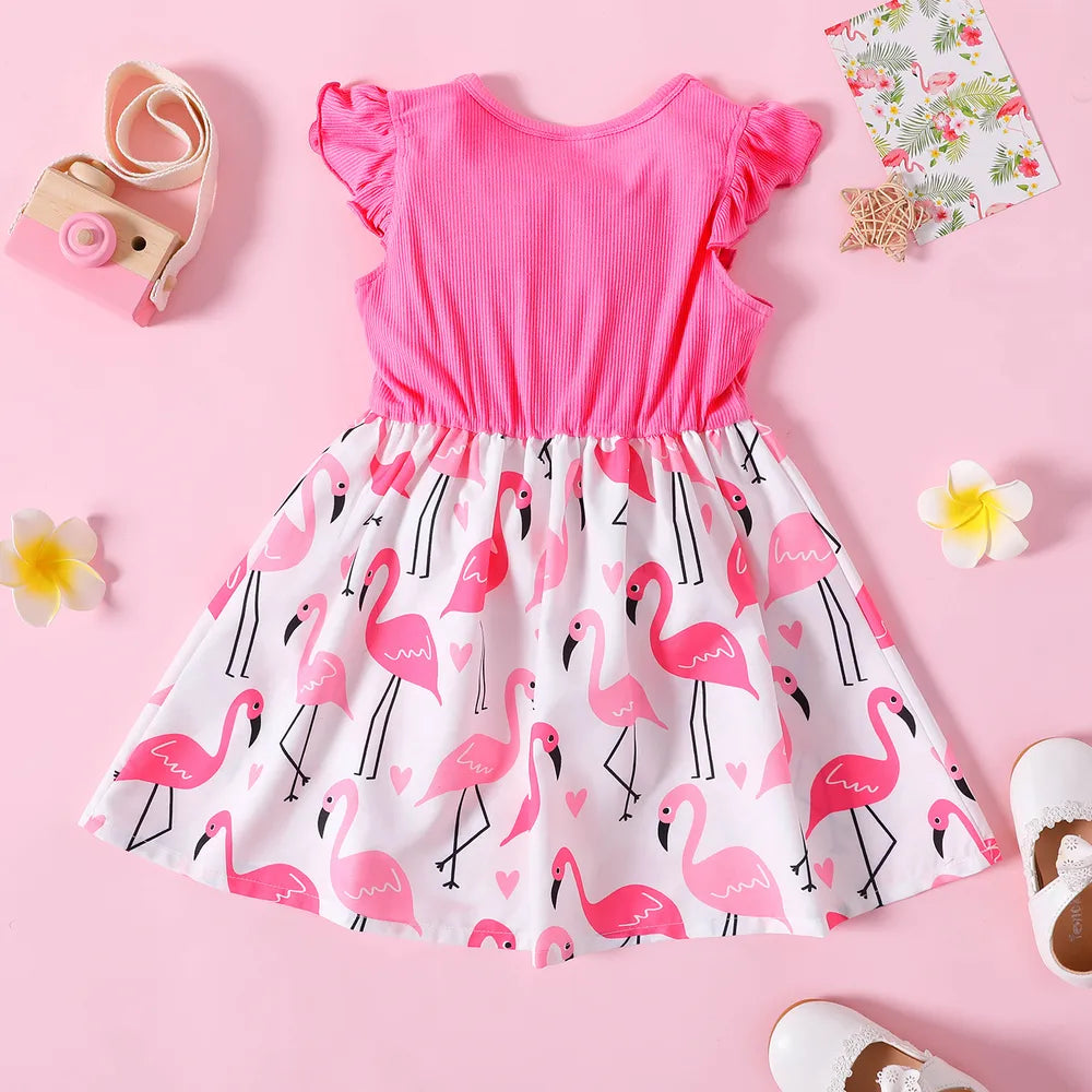 Girl Ribbed Flamingo Allover Ruffle Decor Flutter-sleeve Dress