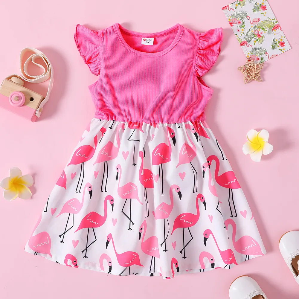 Girl Ribbed Flamingo Allover Ruffle Decor Flutter-sleeve Dress