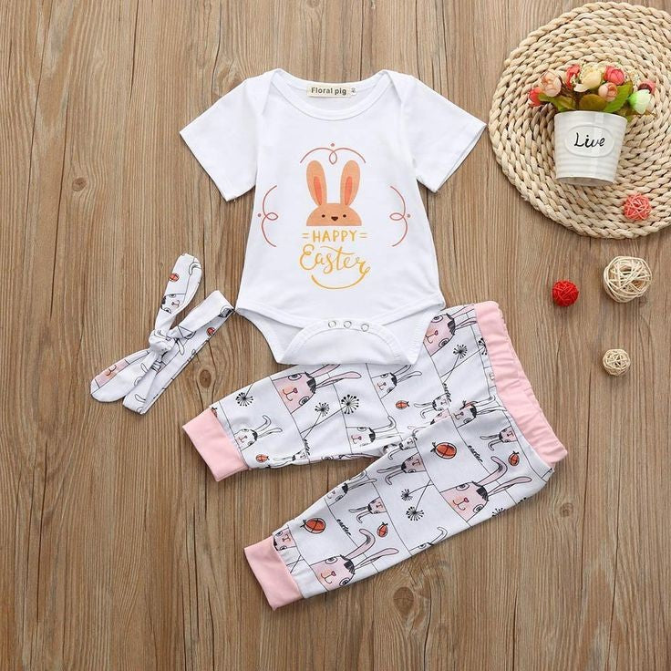 Happy Easter Romper with Bunny Pants and Headband