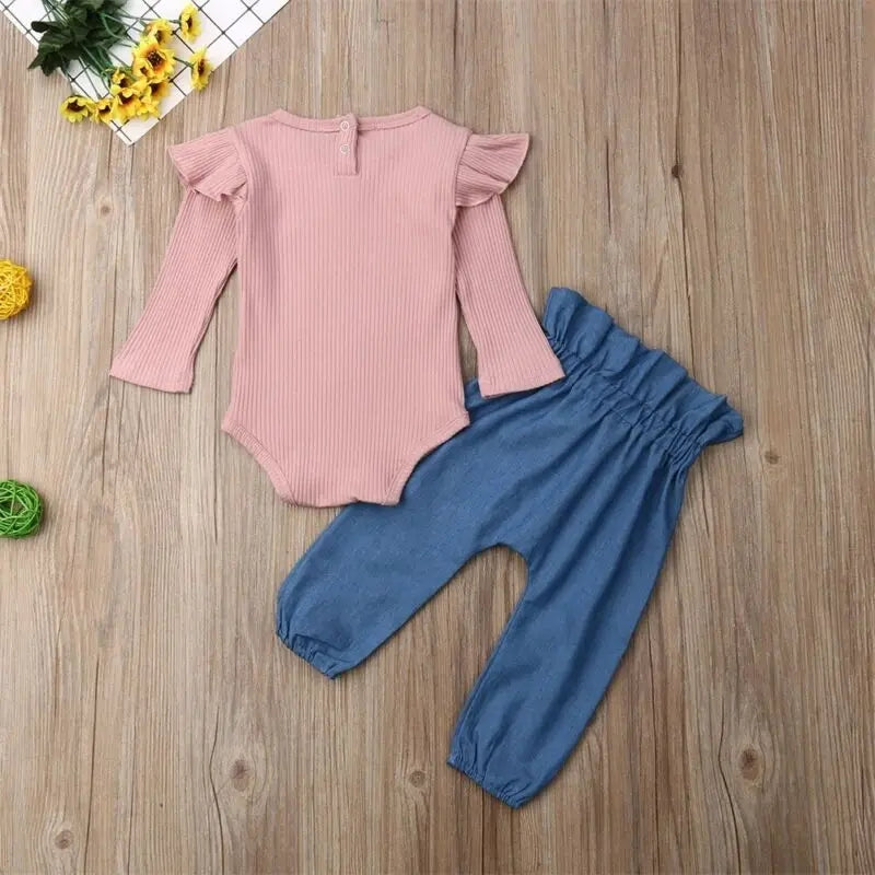 Ribbed Pink Long Sleeve Romper and Bowknot Denims