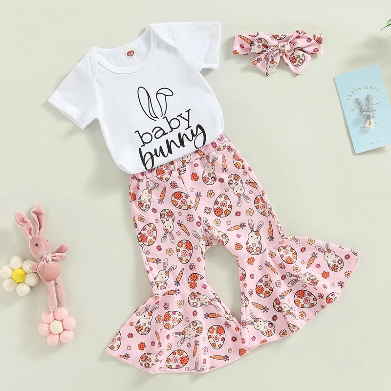 Baby Bunny Romper with Bellbottoms and Headband Pink