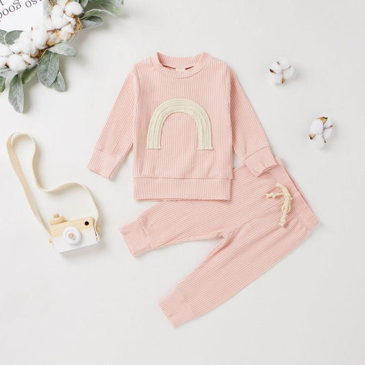 Pink Crewneck Ribbed Rainbow Tracksuit #100098