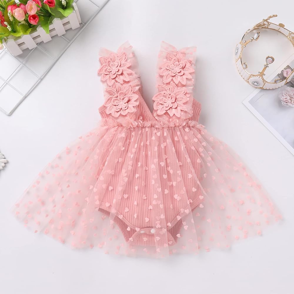 Pink Floral Romper Dress with Heart Detail Mesh Overlay #1000261
