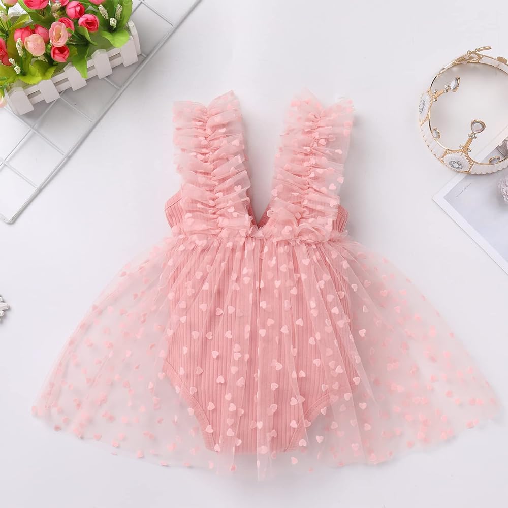 Pink Floral Romper Dress with Heart Detail Mesh Overlay #1000261