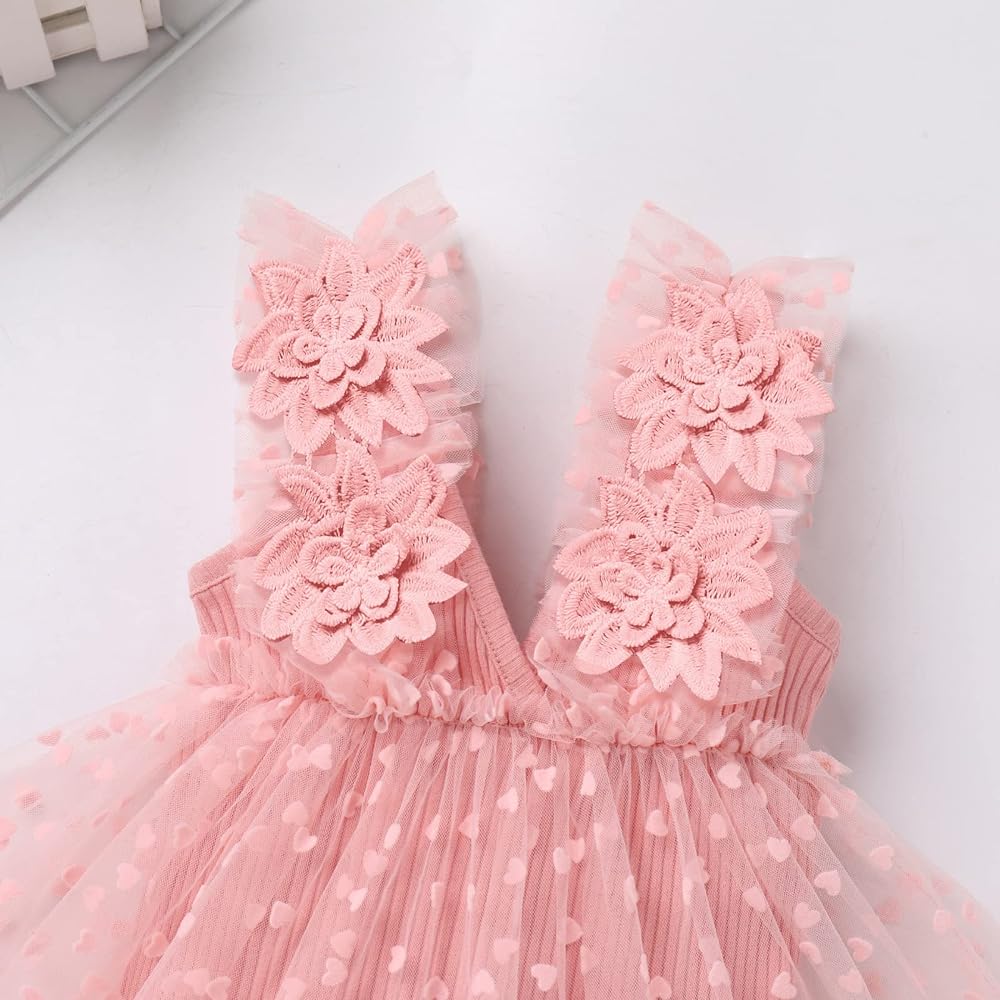 Pink Floral Romper Dress with Heart Detail Mesh Overlay #1000261