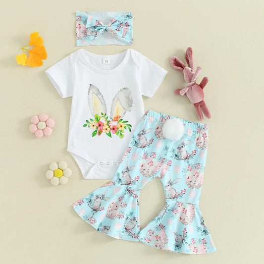 Bunny Romper with Floral Bunny Bellbottoms and Headband 