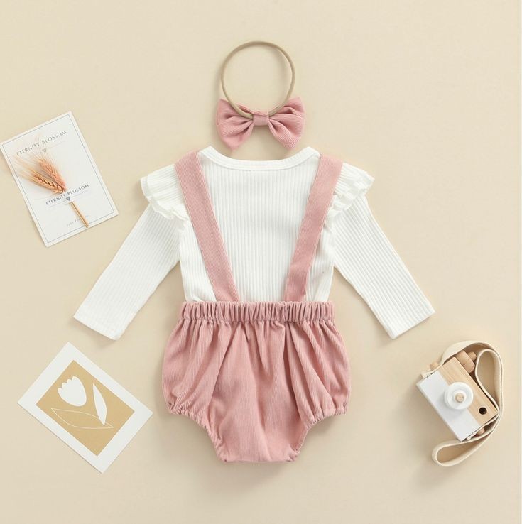 Ribbed White Romper with Dusty Pink  Suspended Bloomer (Overall) and Headband 