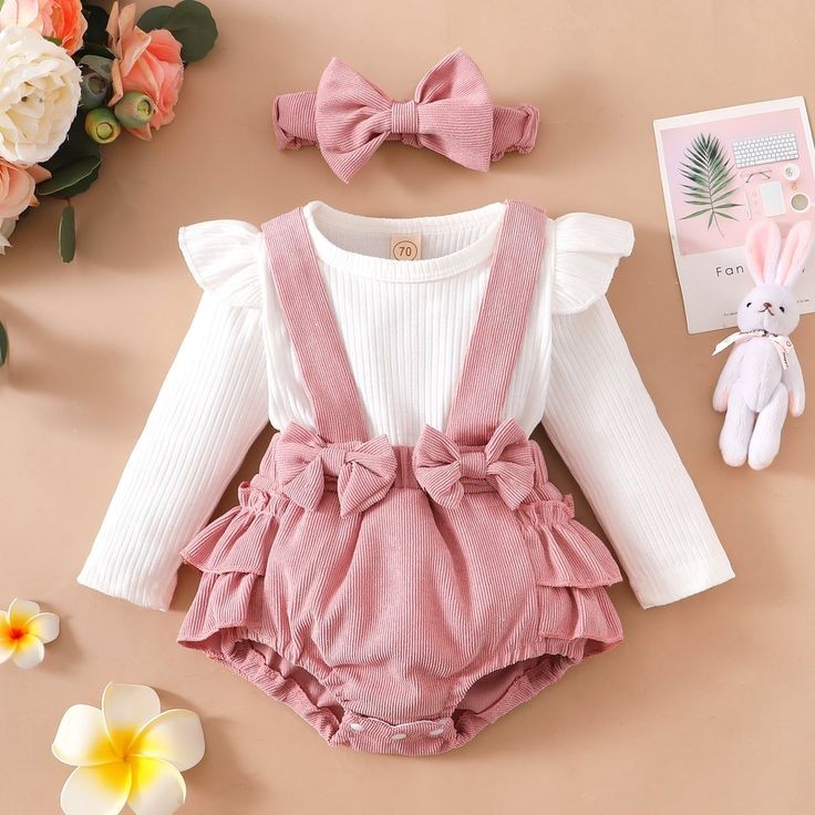 Ribbed White Romper with Dusty Pink  Suspended Bloomer (Overall) and Headband 