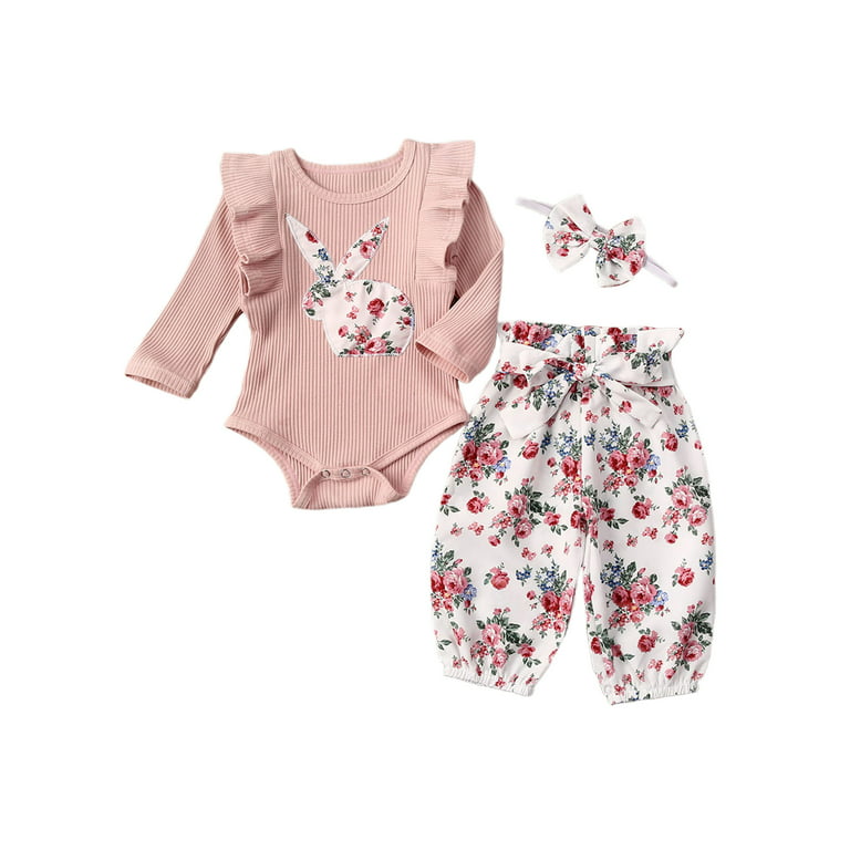 Ribbed Bunny Floral Romper and Bowknot Pants 100074