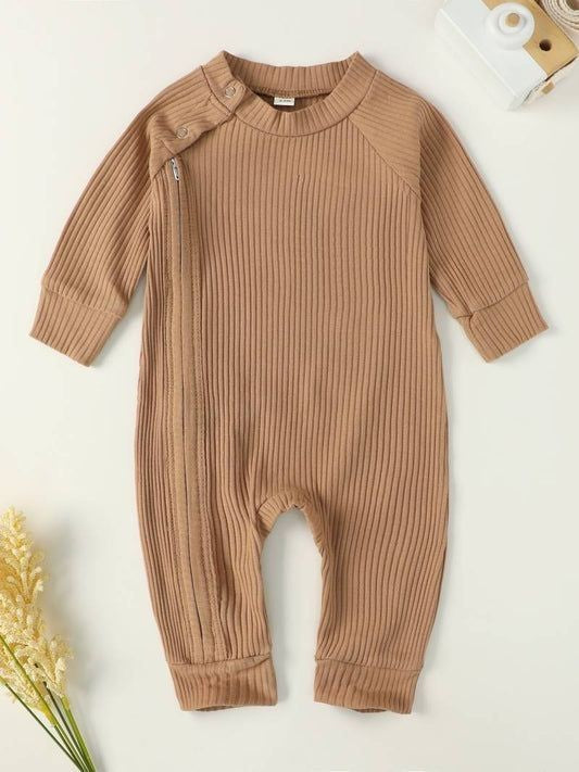 Camel Ribbed Romper with Side Zipper #2000303