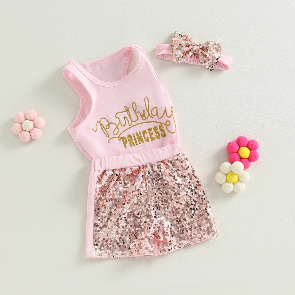 Birthday Princess Top with Sequins Shorts and Headband 